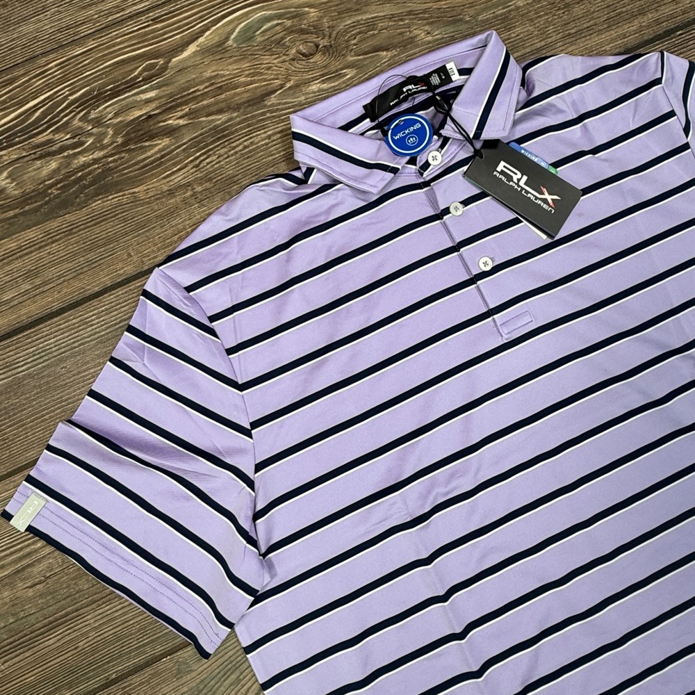 RLX Ralph Lauren Mens Size Large Golf Polo Purple Navy Striped Wicking NEW